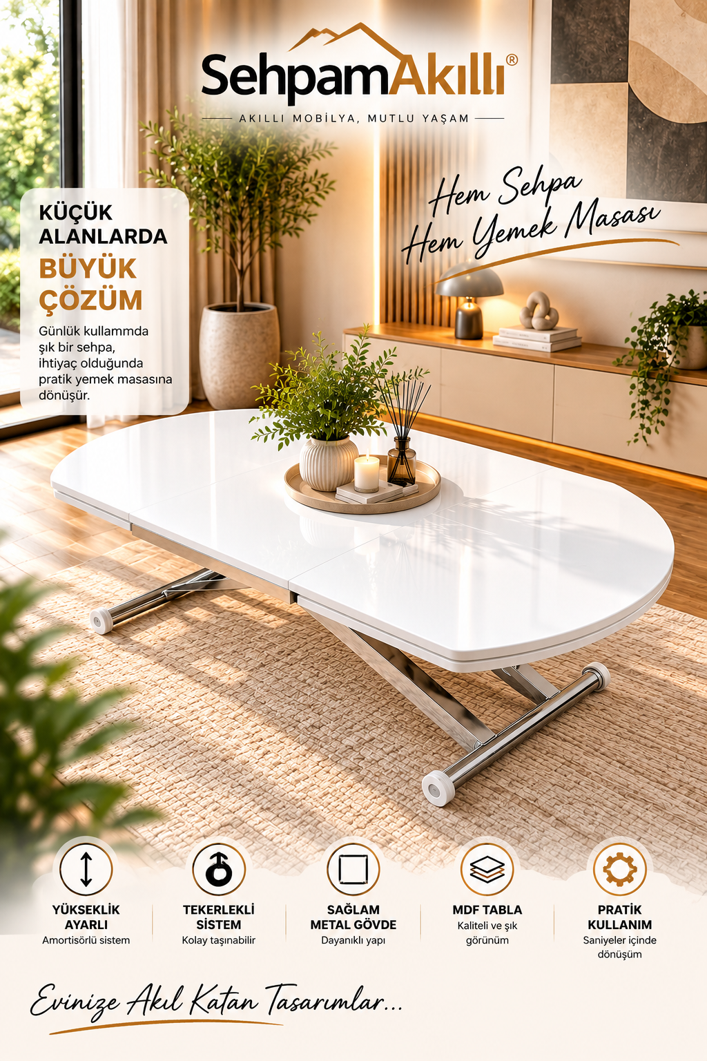 Oval Yan Baştan Açılır Akıllı Masa | Beyaz & Krom Kaplama