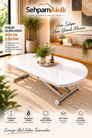 Oval Yan Baştan Açılır Akıllı Masa | Beyaz & Krom Kaplama