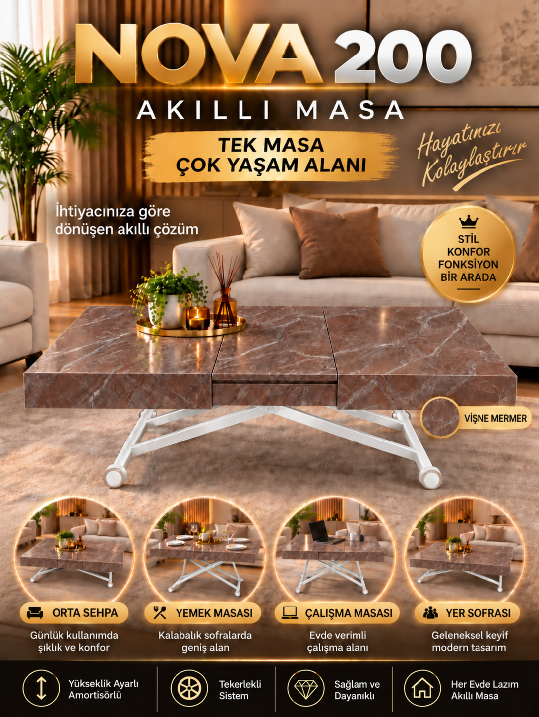 Oval Side-Opening Smart Table | Travertine MDF & Black