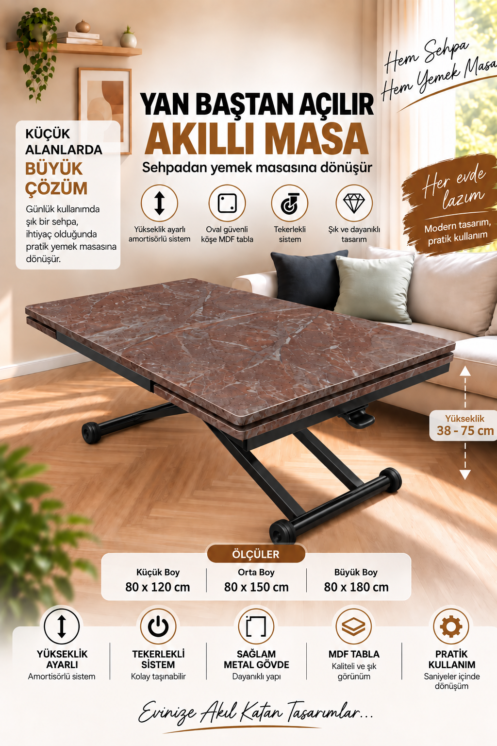 Side-Opening Smart Table | Efes Pine MDF & Black Legs