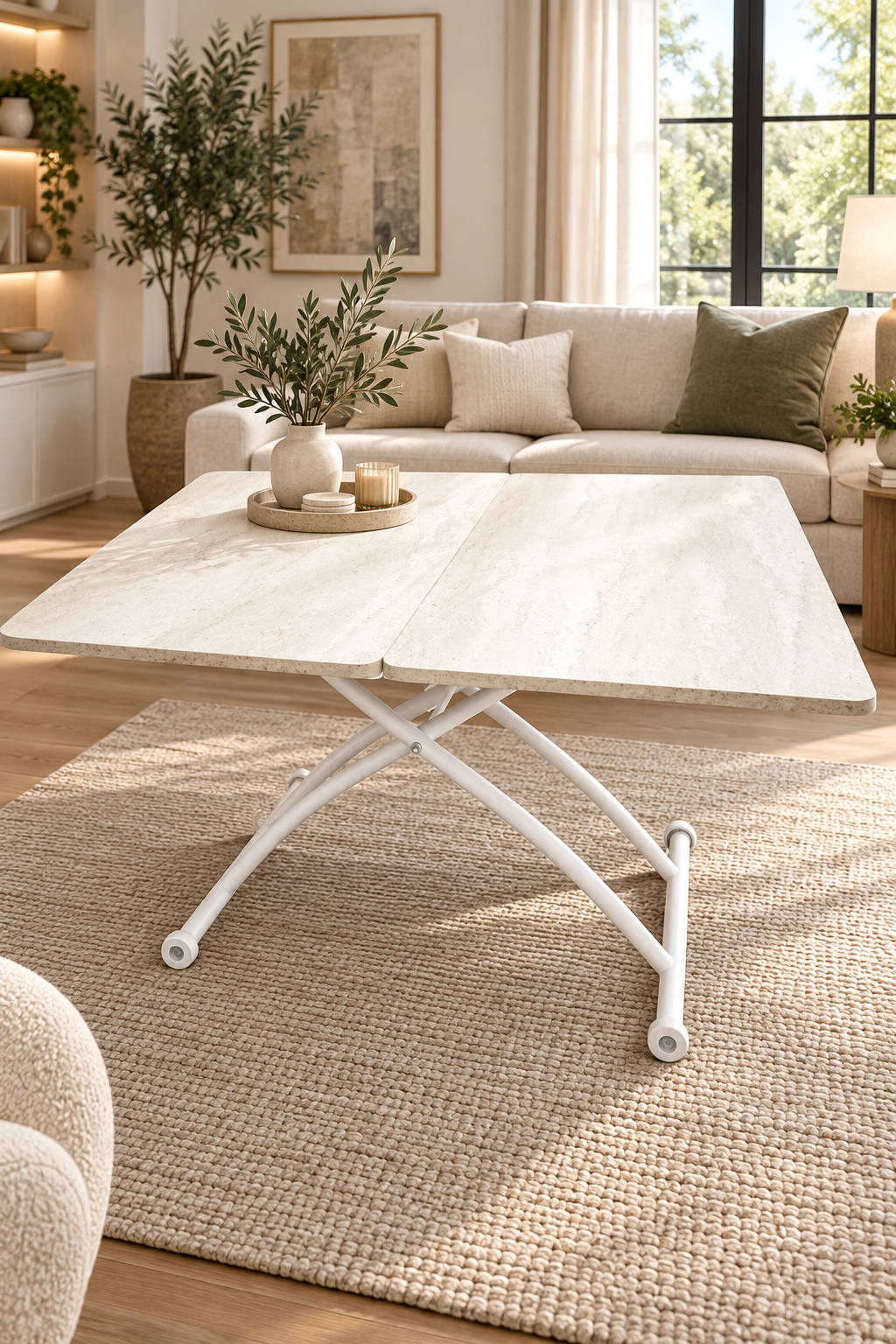 Juppo Smart Coffee Table – Travertine MDF Top & White Outwardly Curved Metal Legs