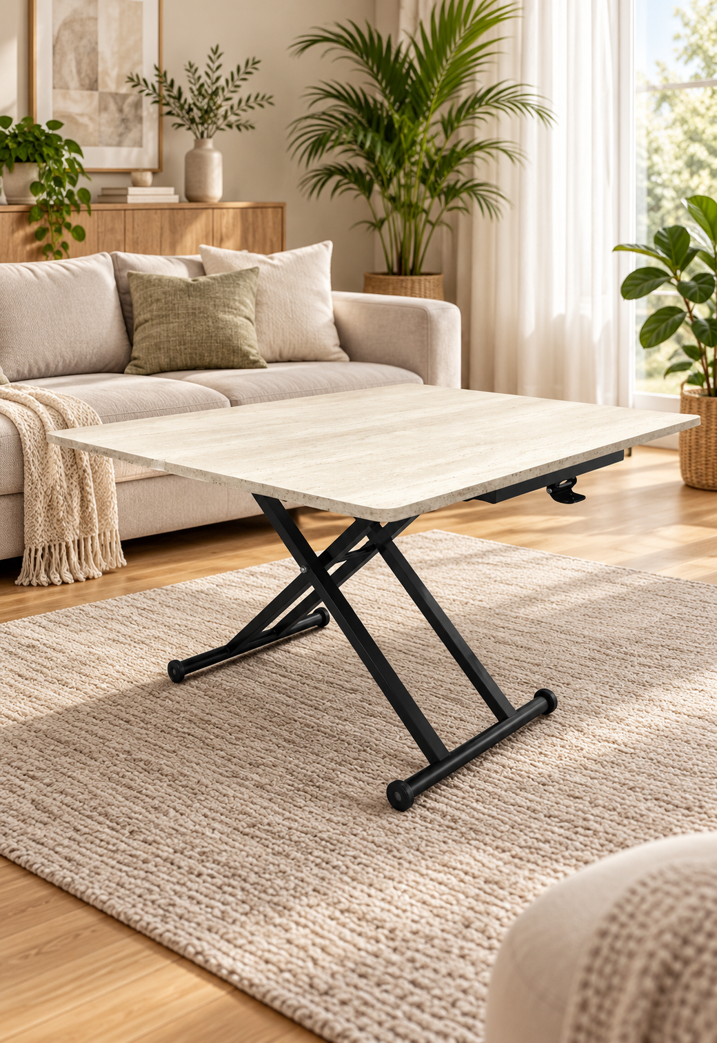 Home Akıllı Sehpa – Traverten MDF Üst & Siyah Metal Ayak