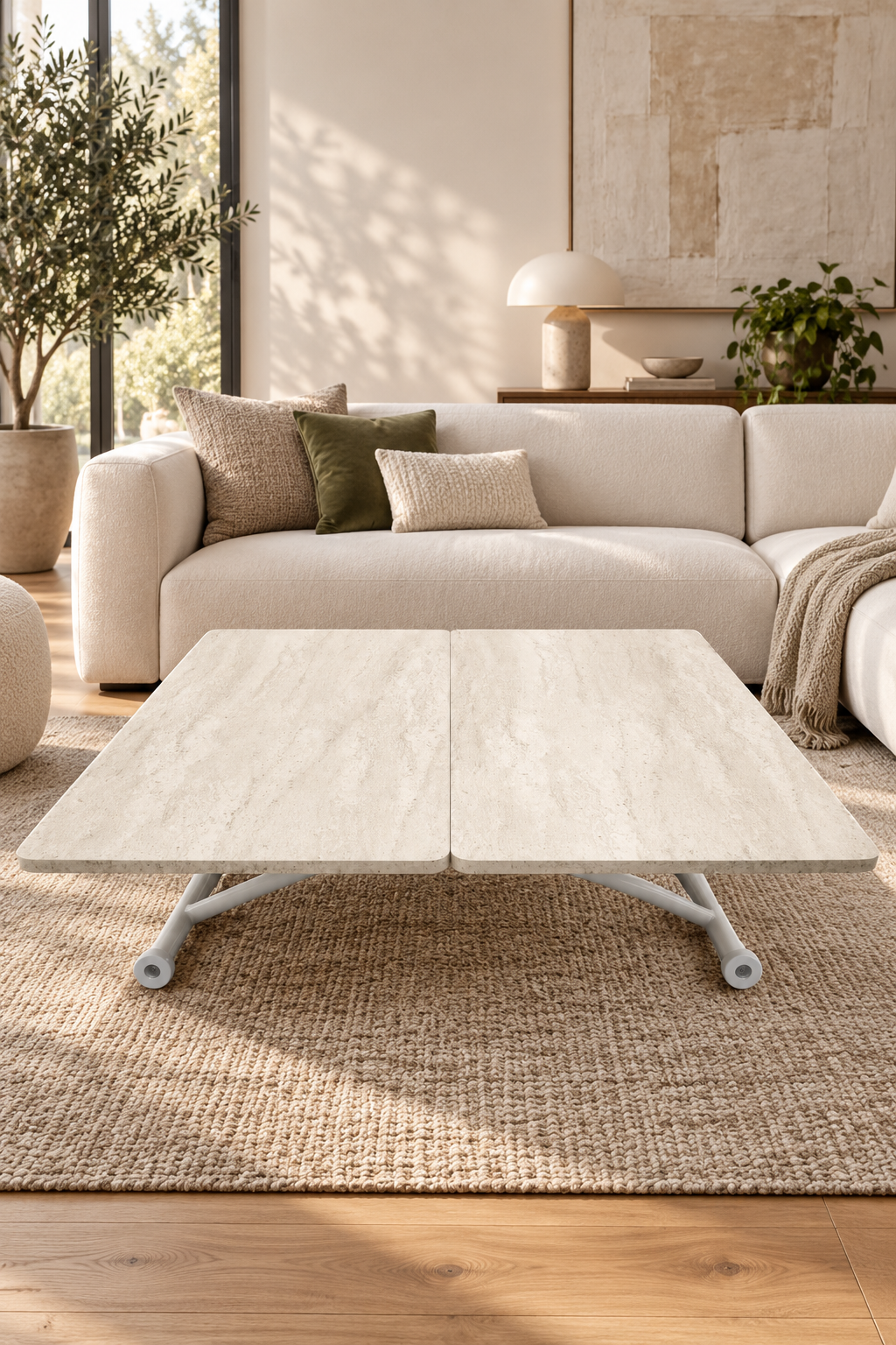 Juppo Smart Coffee Table – Travertine MDF Top & White Outwardly Curved Metal Legs