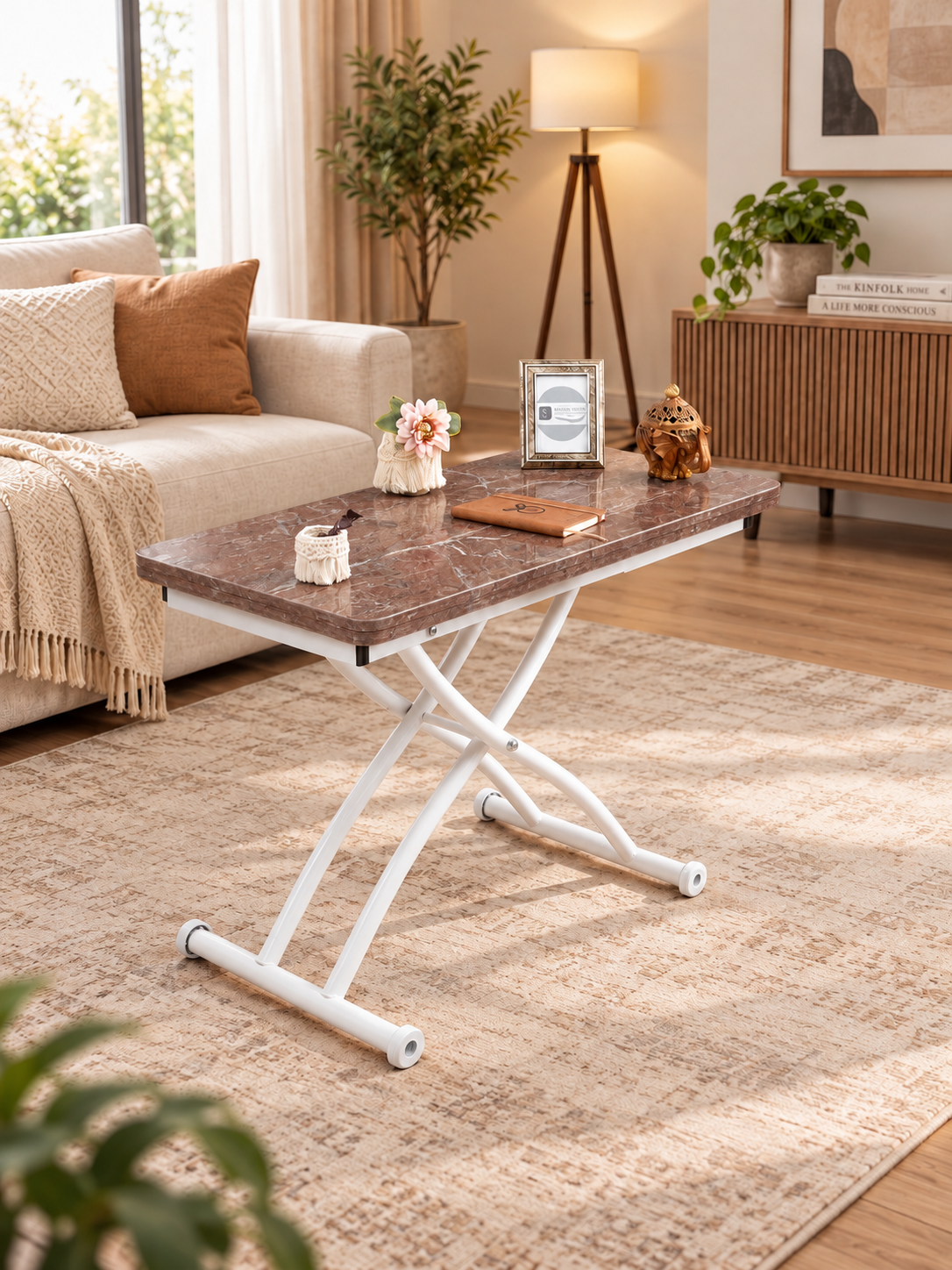 Mini Juppo Akıllı Sehpa – VişneMermer MDF Üst & Beyaz Dışa Kıvrımlı Metal Ayak