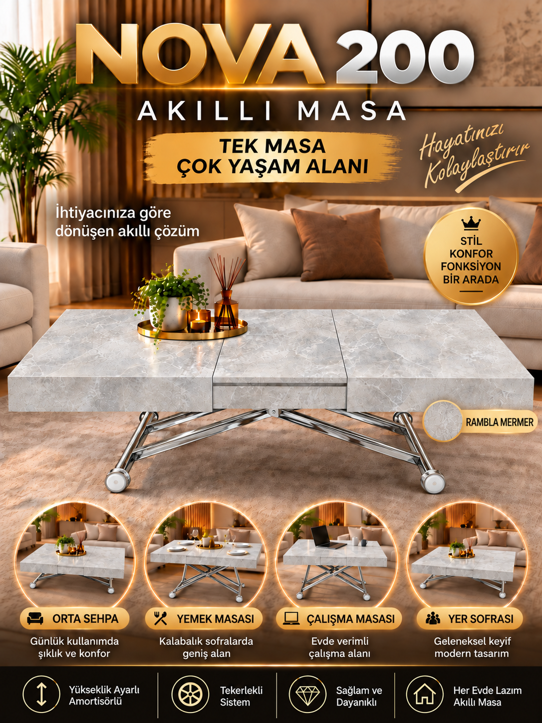 Oval Side-Opening Smart Table | Travertine MDF & Black