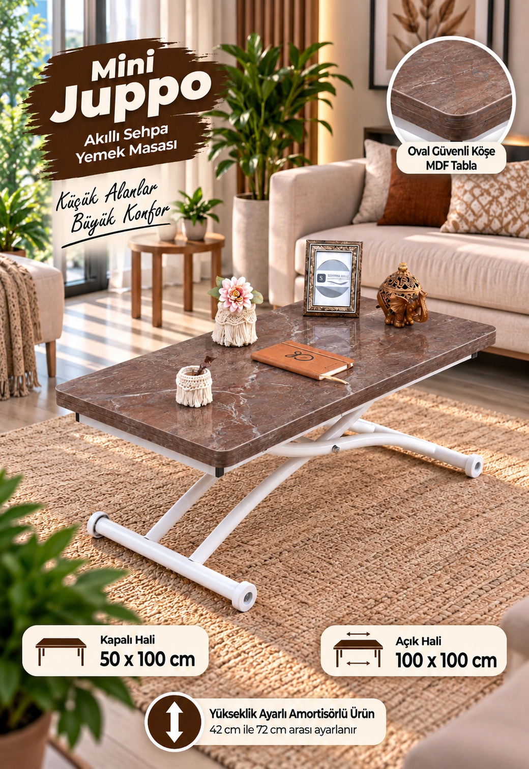 Mini Juppo Akıllı Sehpa – VişneMermer MDF Üst & Beyaz Dışa Kıvrımlı Metal Ayak