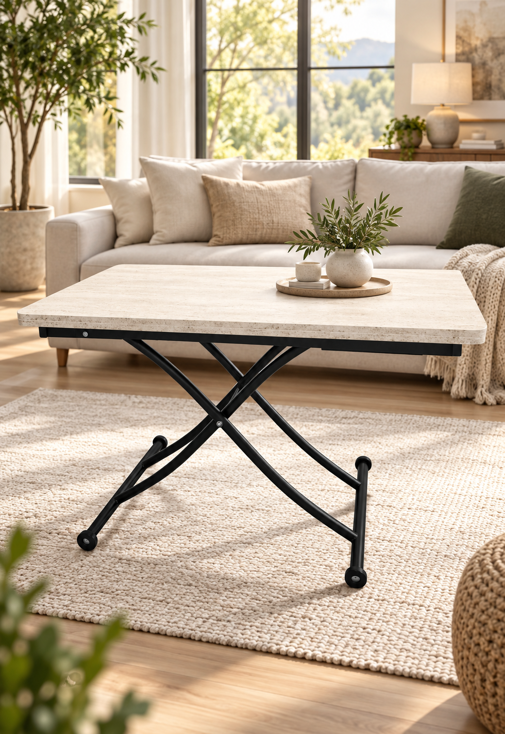 Juppo Smart Coffee Table – Travertine MDF Top & Black Metal Legs