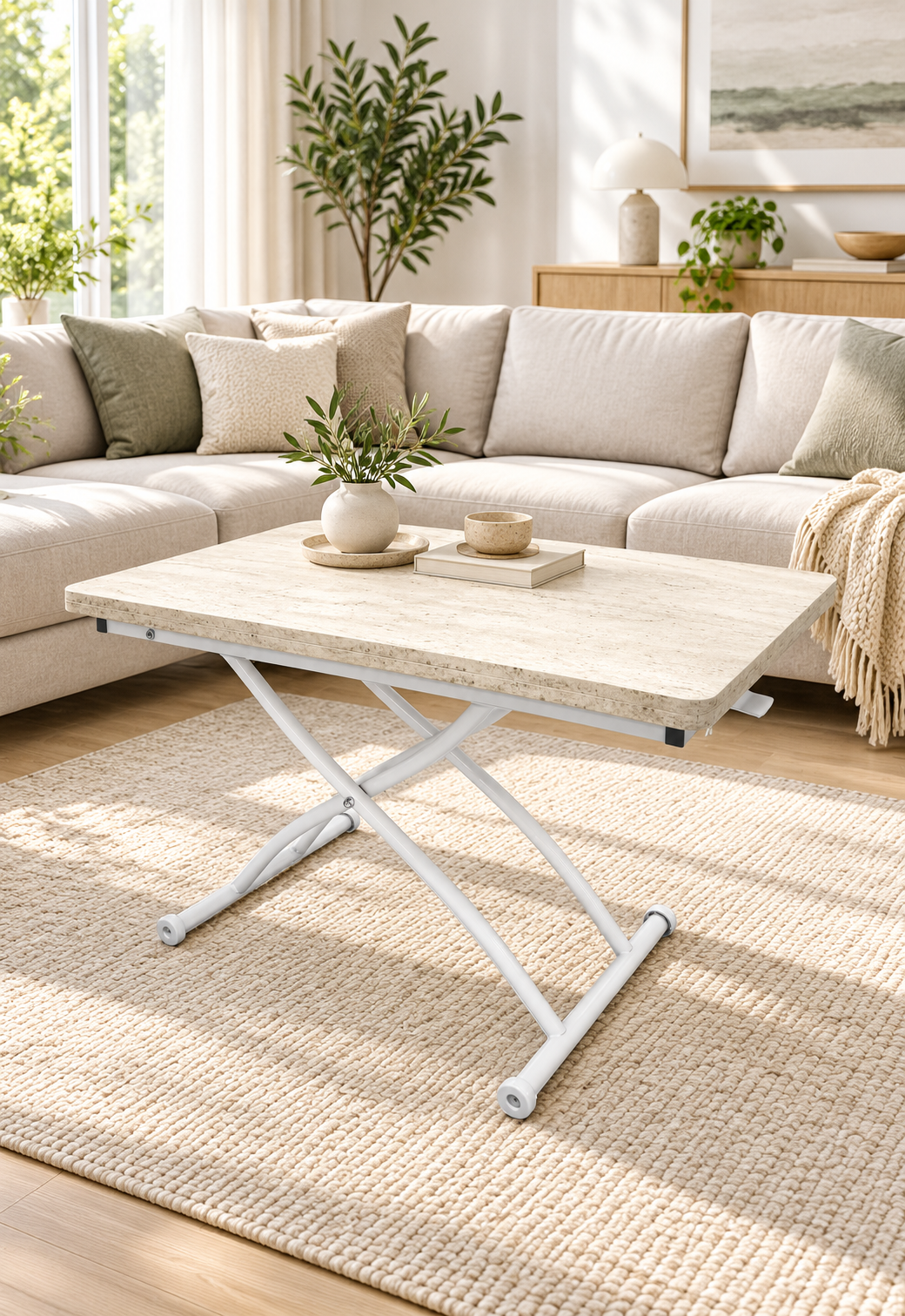 Juppo Smart Coffee Table – Travertine MDF Top & White Outwardly Curved Metal Legs