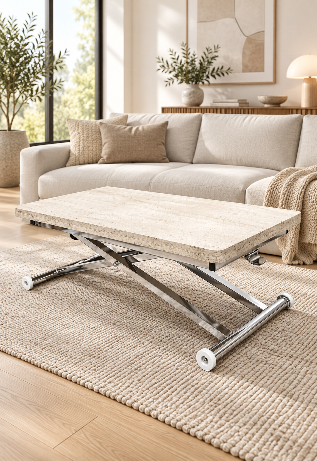 Home Smart Coffee Table – Travertine MDF Top & Chrome Plated Metal Legs