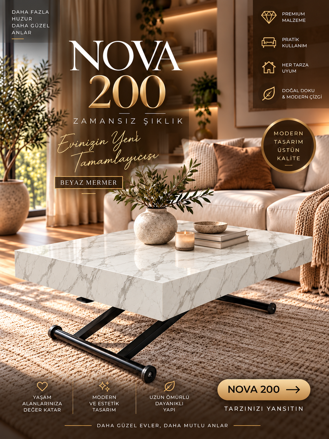 Oval Side-Opening Smart Table | Travertine MDF & Black