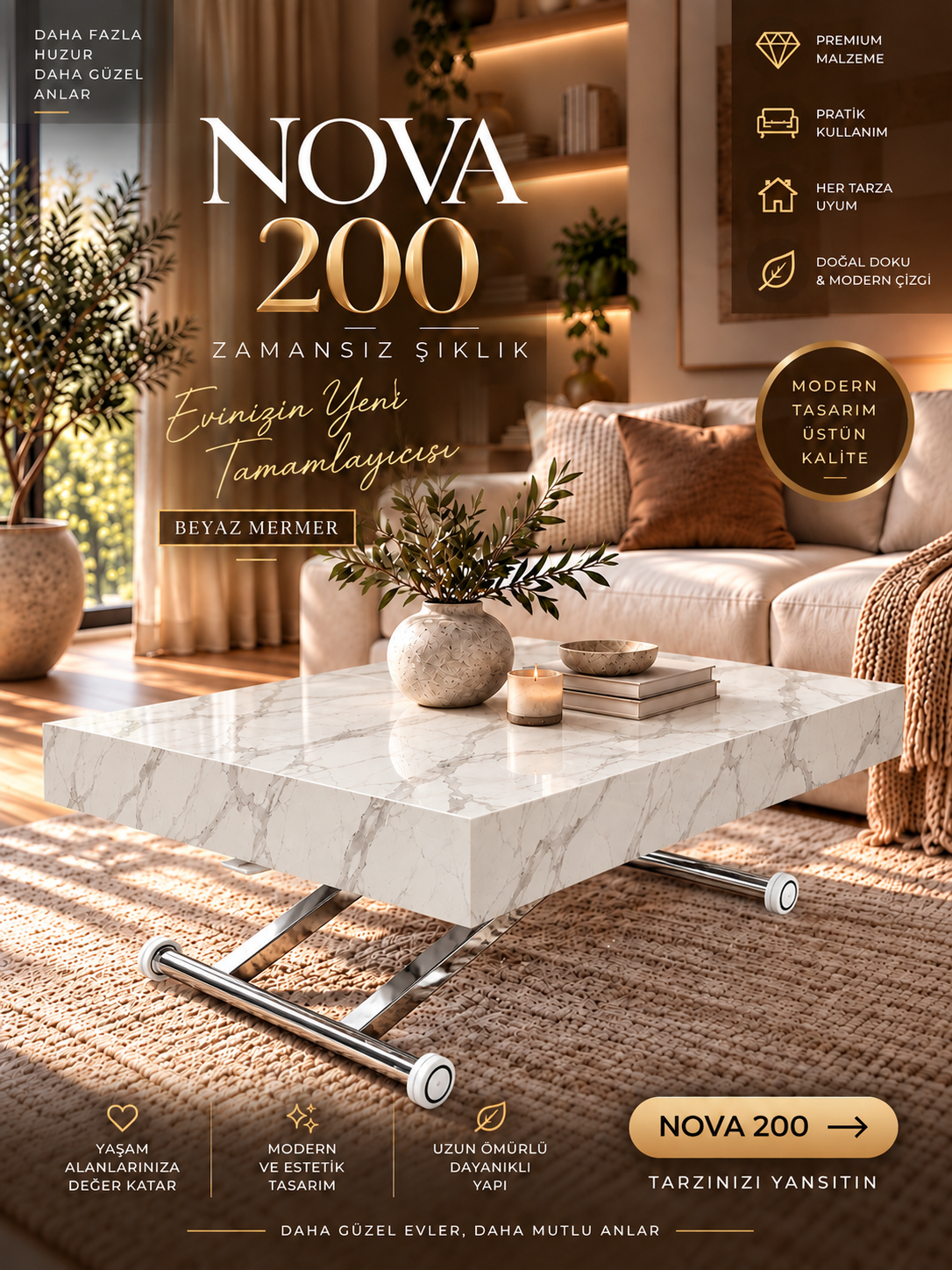 Oval Side-Opening Smart Table | Travertine MDF & Black