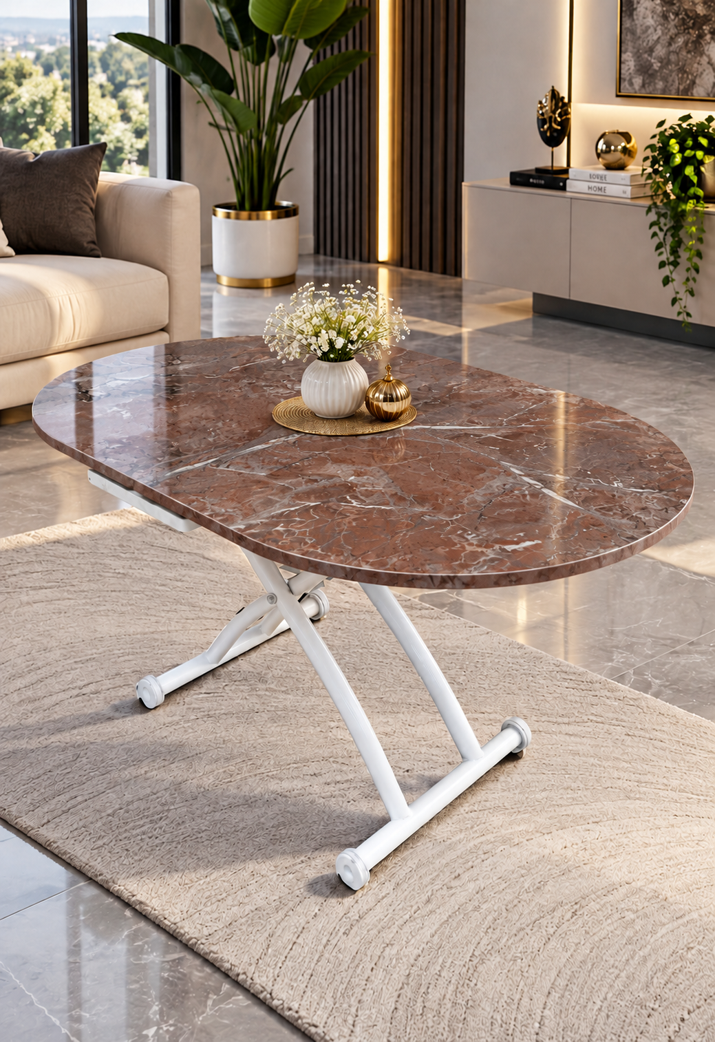 Ortadan Açılır Oval Akıllı Masa | VişneMermer MDF & Beyaz