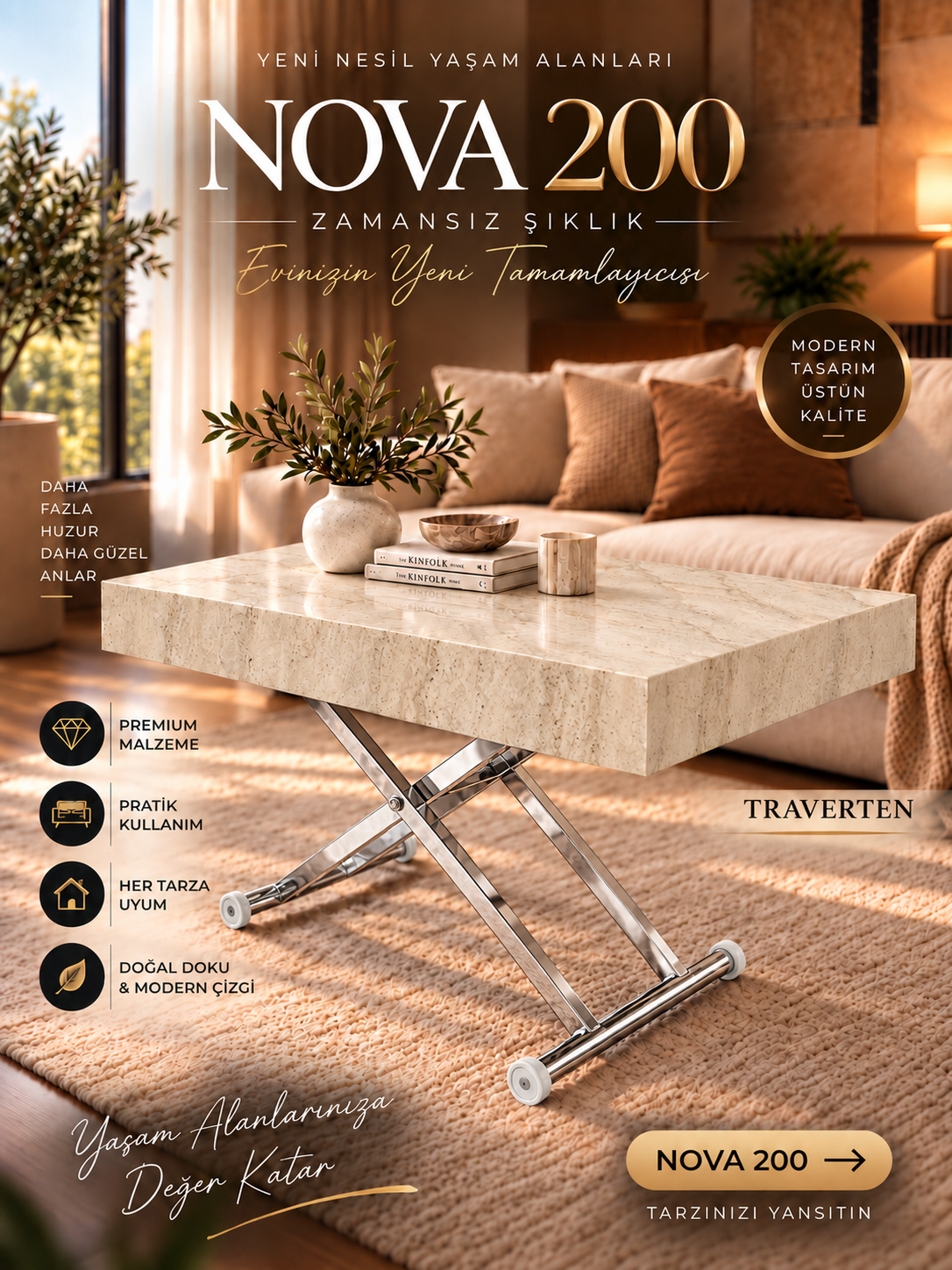 Oval Side-Opening Smart Table | Travertine MDF & Black