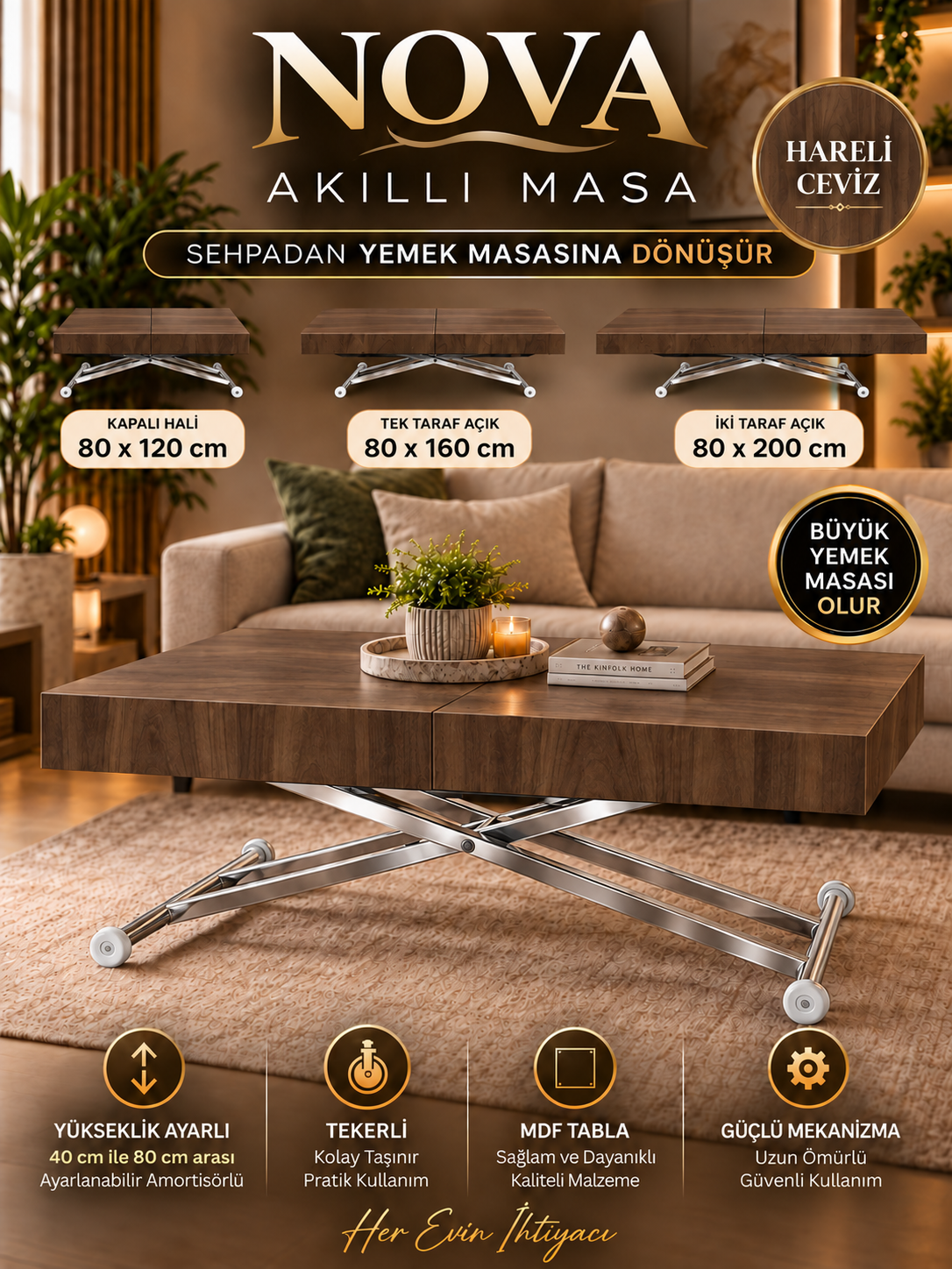 Oval Side-Opening Smart Table | Travertine MDF & Black