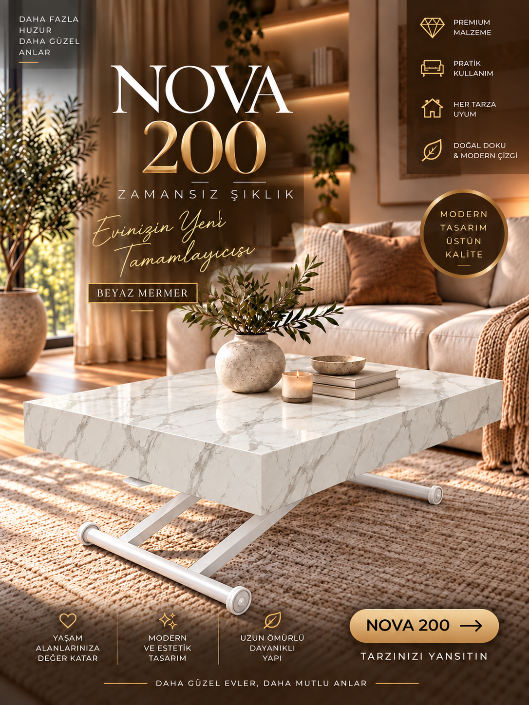 Oval Side-Opening Smart Table | Travertine MDF & Black