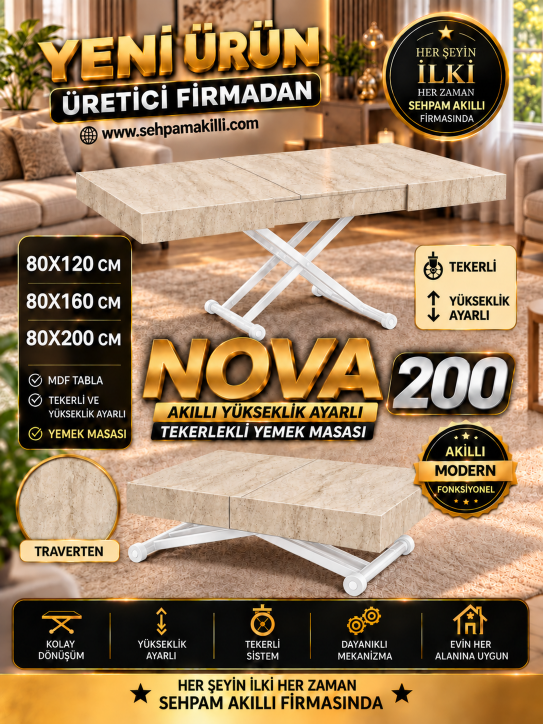 Oval Side-Opening Smart Table | Travertine MDF & Black
