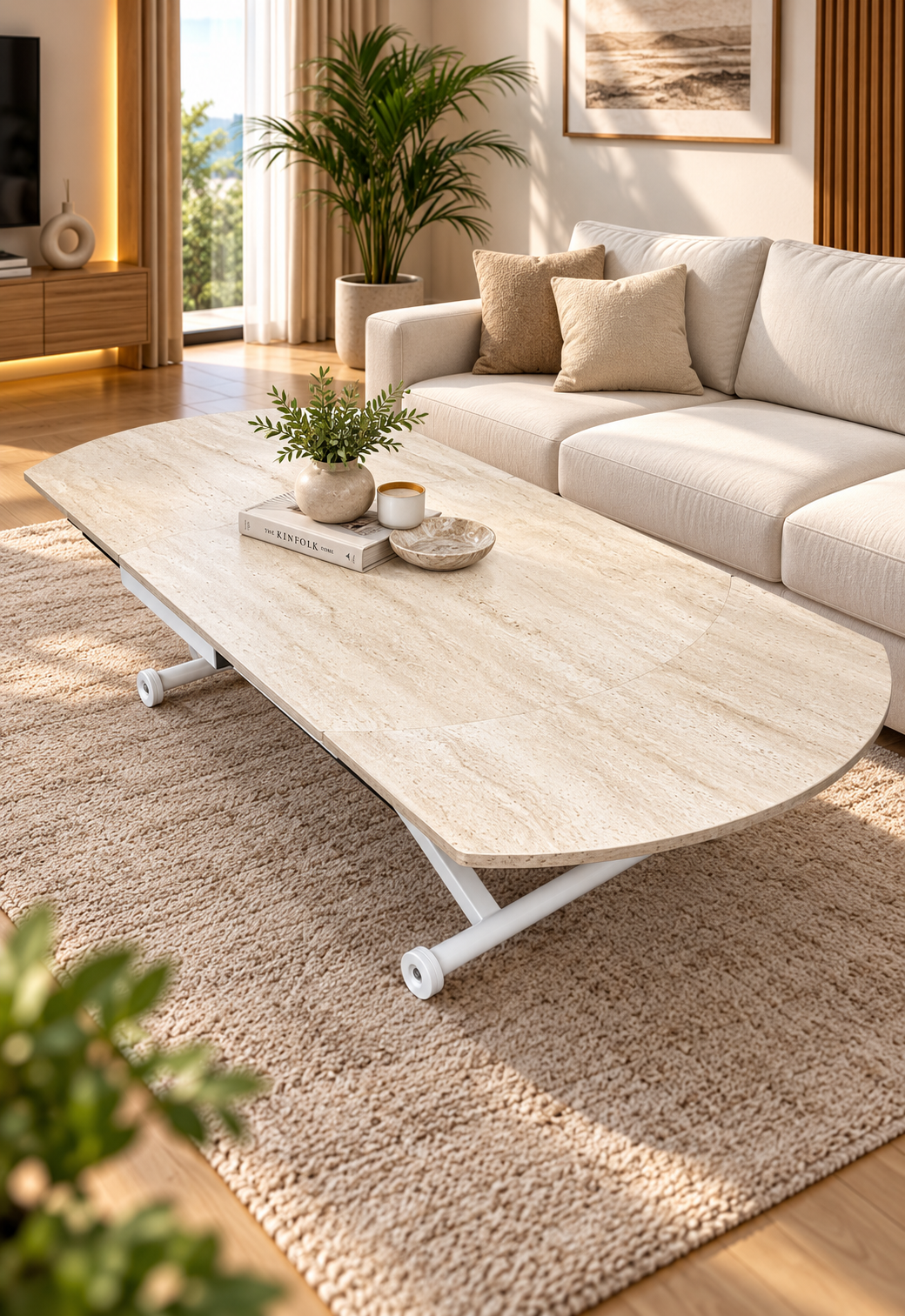 Oval Side Opening Smart Table | Travertine MDF & White