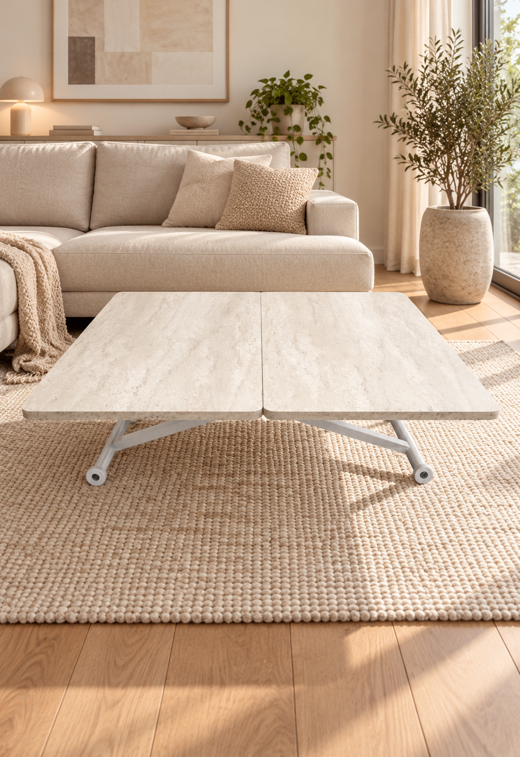 Home Akıllı Sehpa – Traverten MDF Üst & Beyaz Metal Ayak
