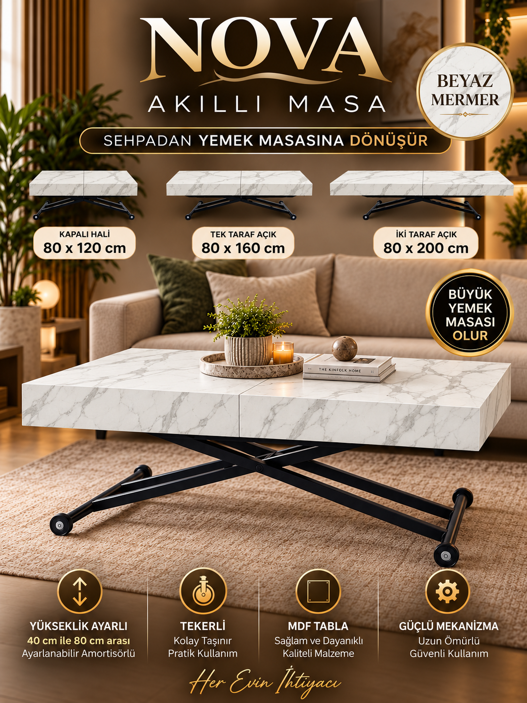 Oval Side-Opening Smart Table | Travertine MDF & Black