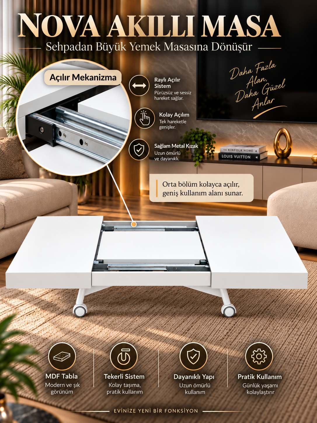Oval Side-Opening Smart Table | Travertine MDF & Black