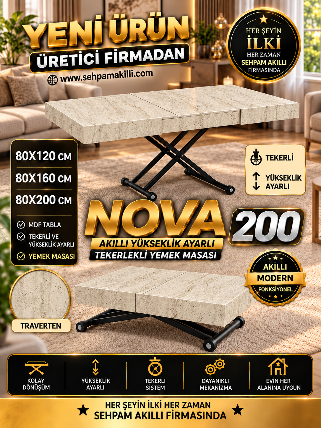 Oval Side-Opening Smart Table | Travertine MDF & Black