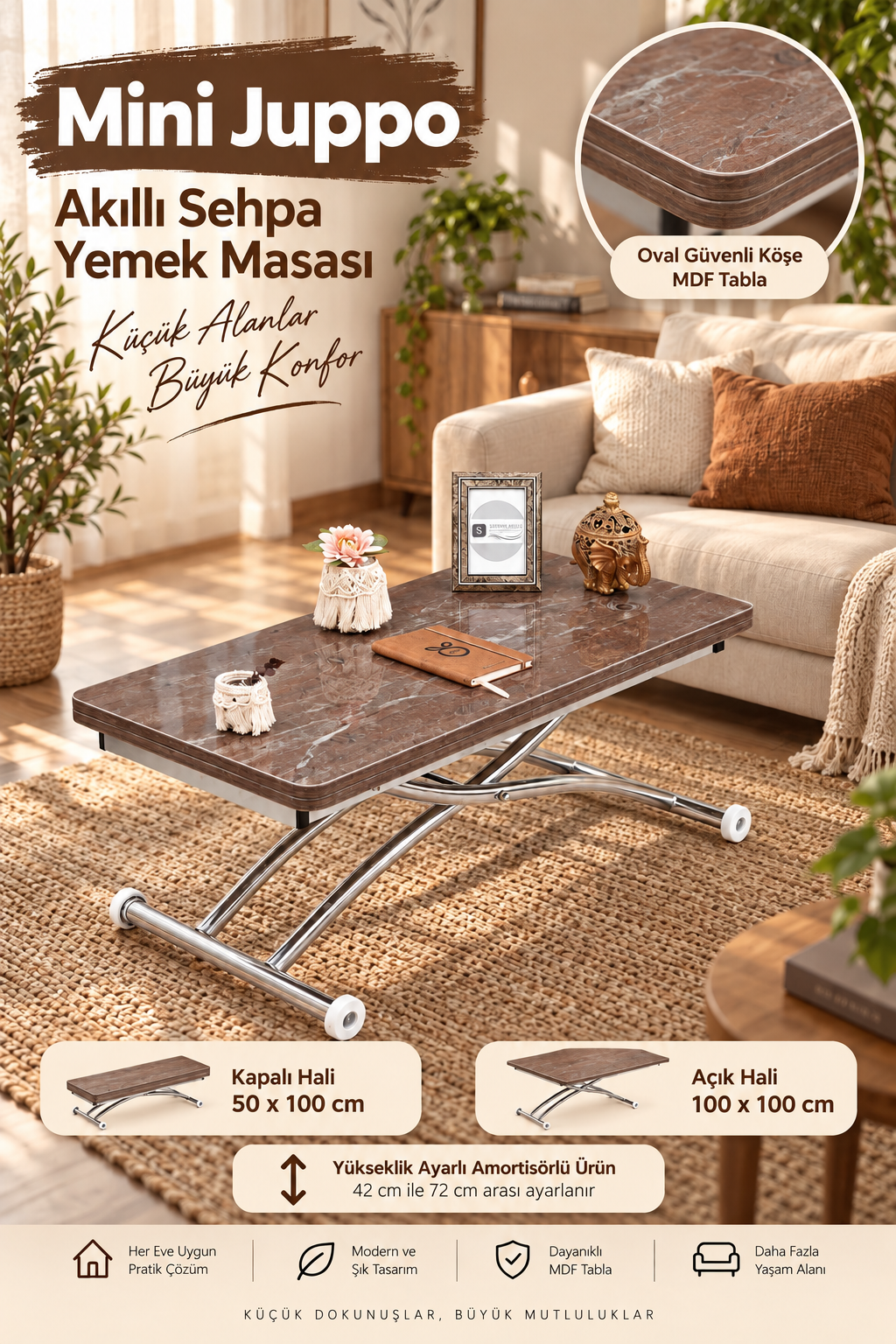 Mini Juppo Akıllı Sehpa – VişneMermer MDF Üst & Krom Kaplama Dışa Kıvrımlı Ayak