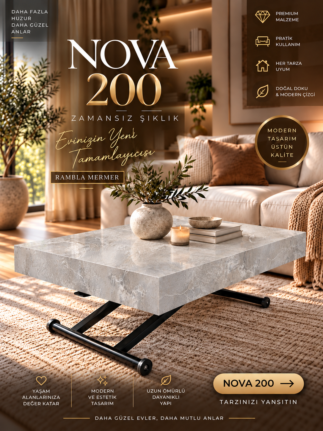 Oval Side-Opening Smart Table | Travertine MDF & Black