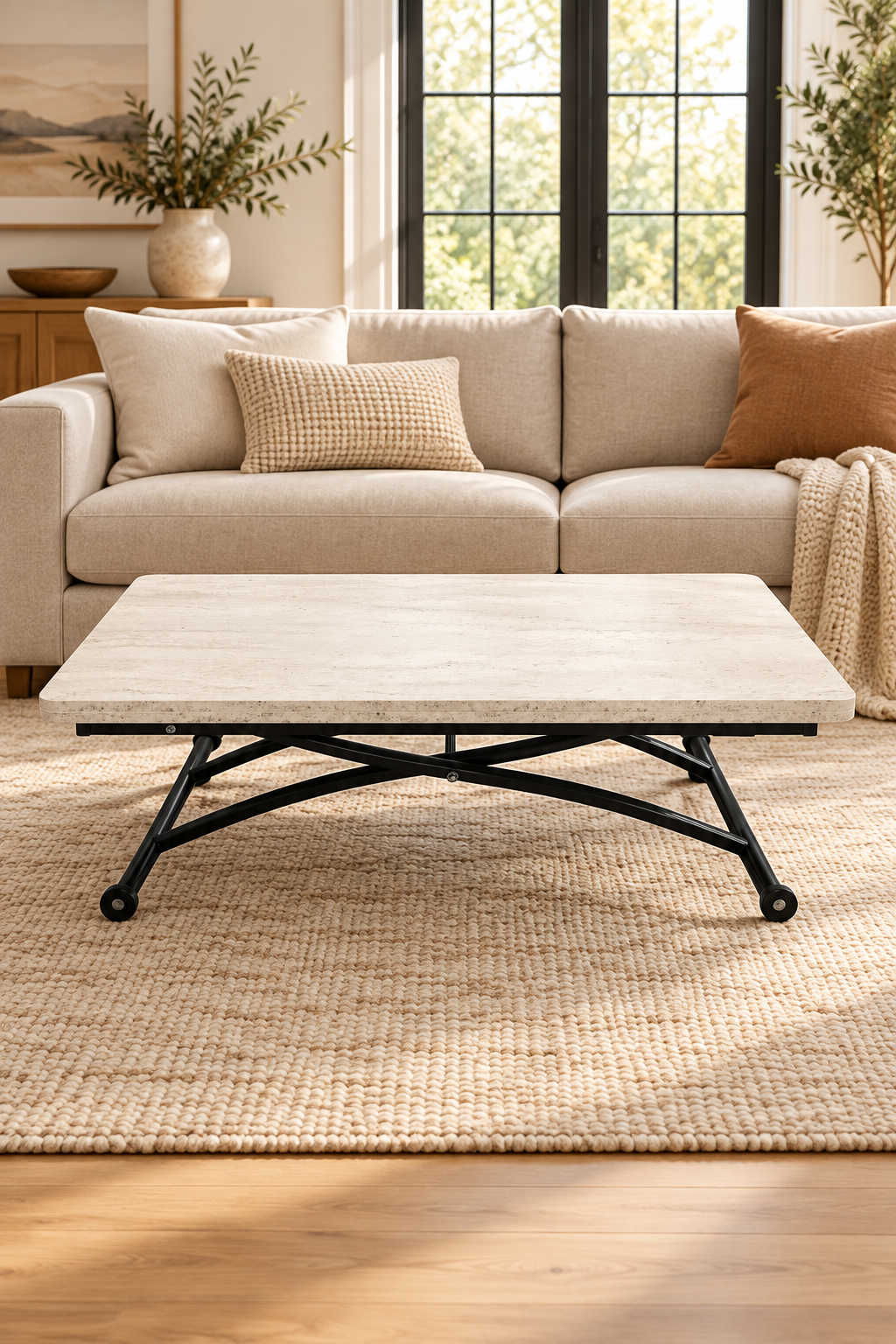 Juppo Smart Coffee Table – Travertine MDF Top & Black Outward-Curved Metal Legs