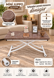 Mini Juppo Akıllı Sehpa – VişneMermer MDF Üst & Beyaz İçe Kıvrım Metal Ayak