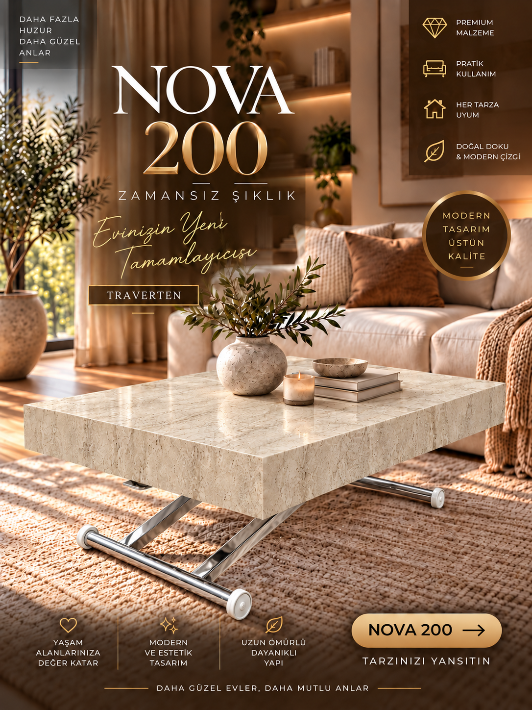 Oval Side-Opening Smart Table | Travertine MDF & Black