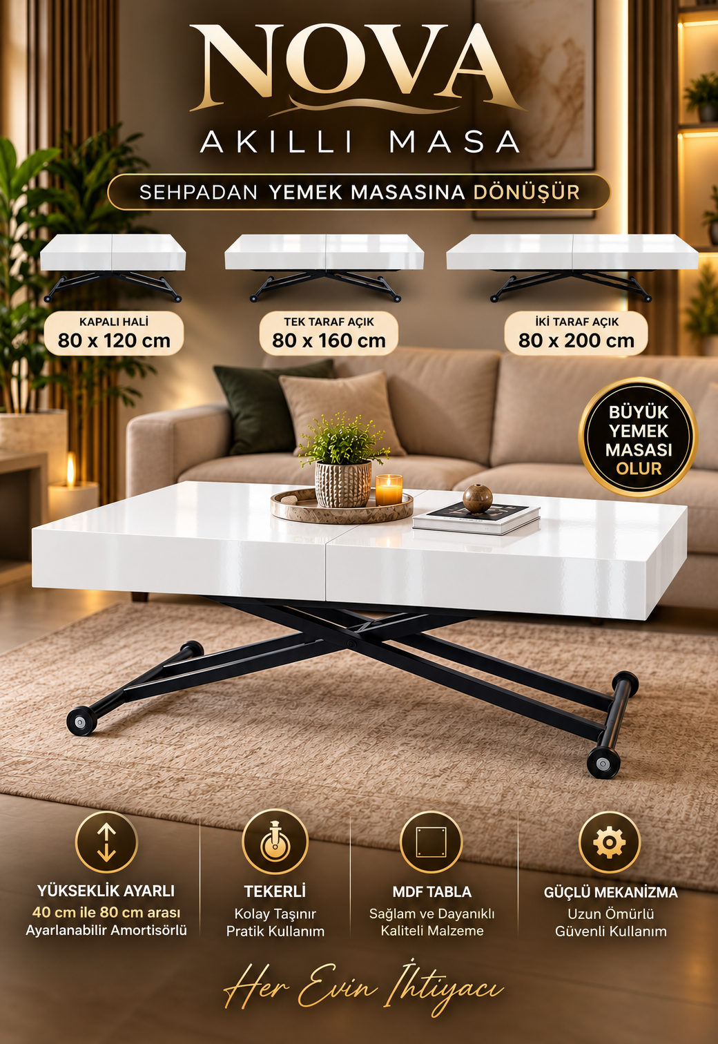 Oval Side-Opening Smart Table | Travertine MDF & Black