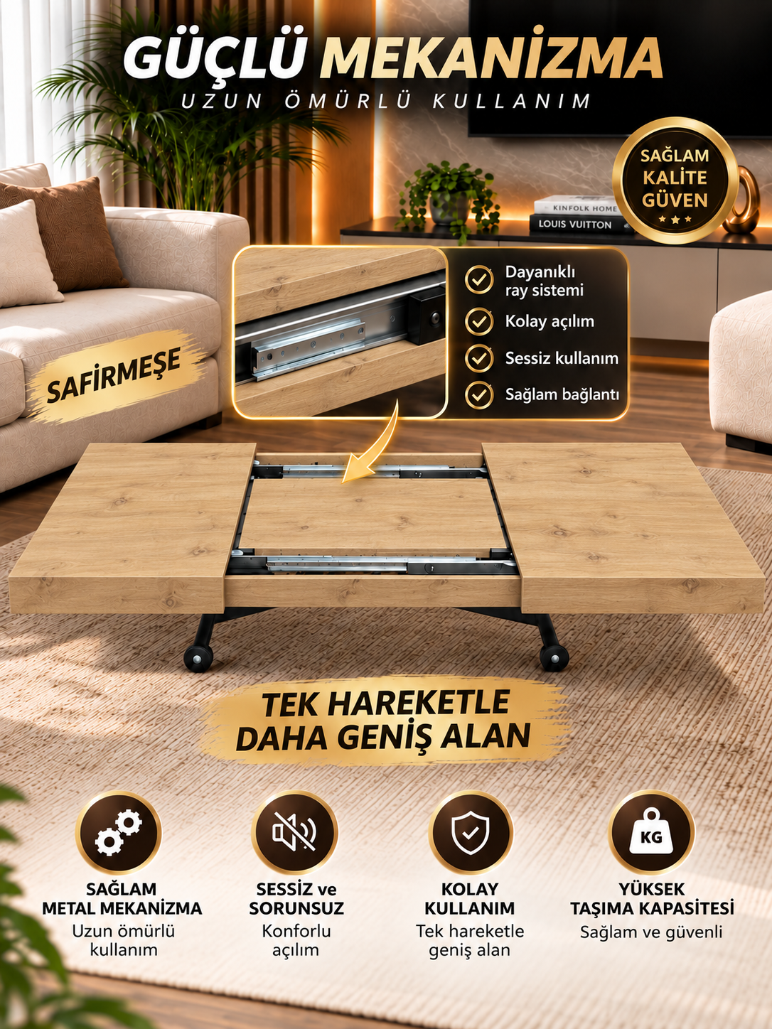 Oval Side-Opening Smart Table | Travertine MDF & Black