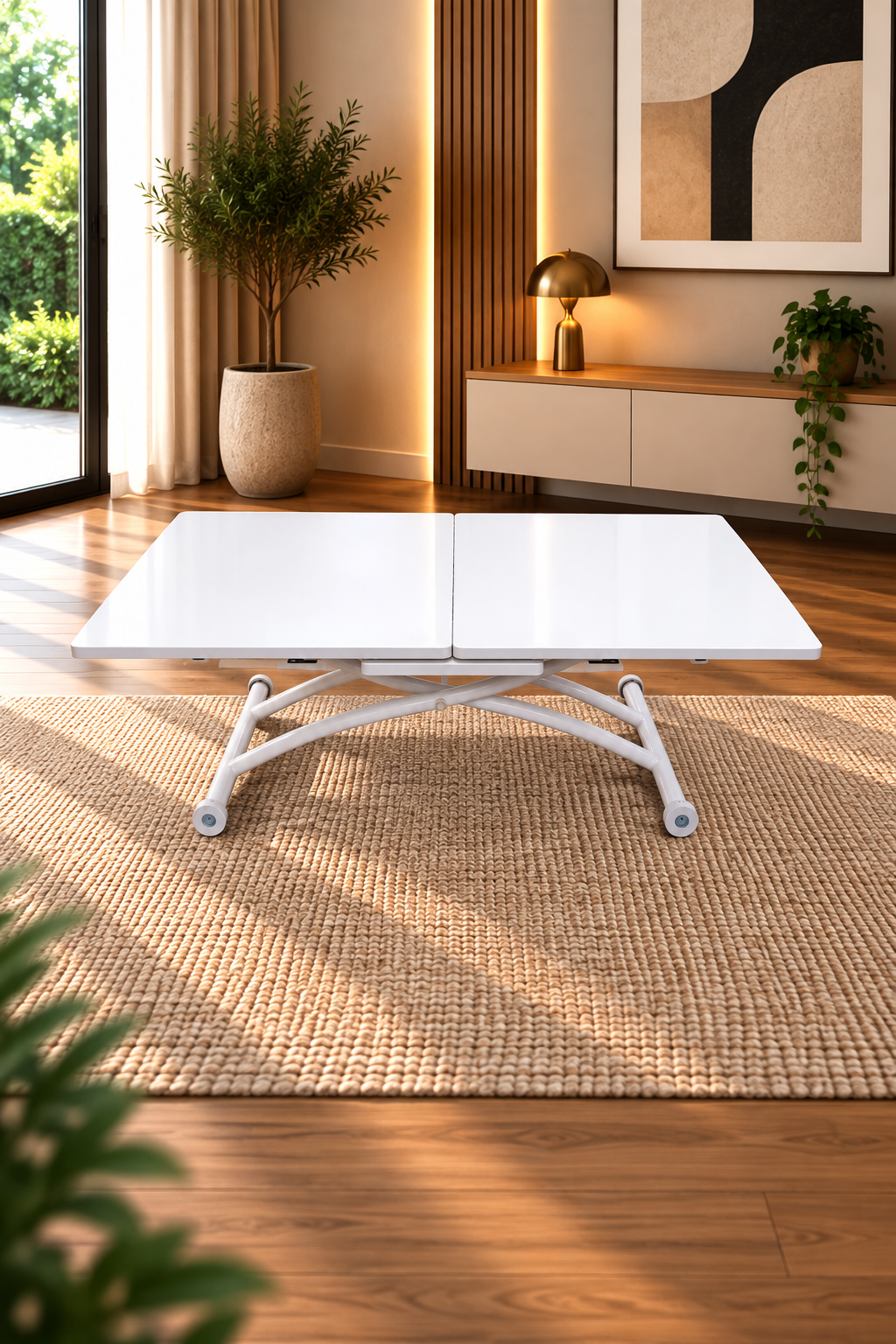 Square Smart Table with Central Opening | White Marble MDF & White