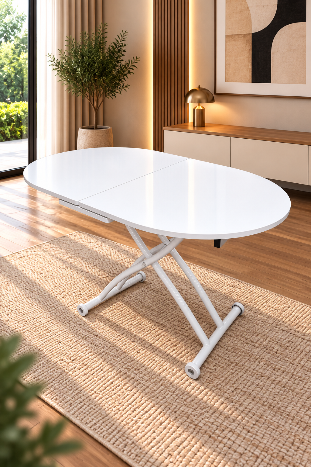Extendable Oval Smart Table | White Marble MDF & White
