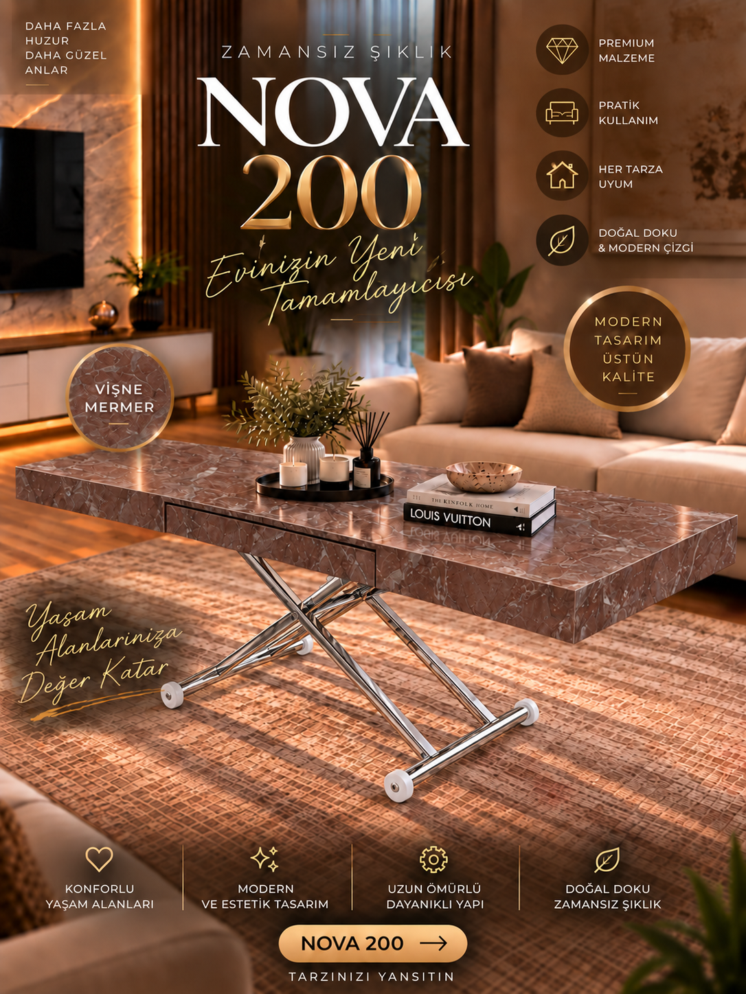 Oval Side-Opening Smart Table | Travertine MDF & Black