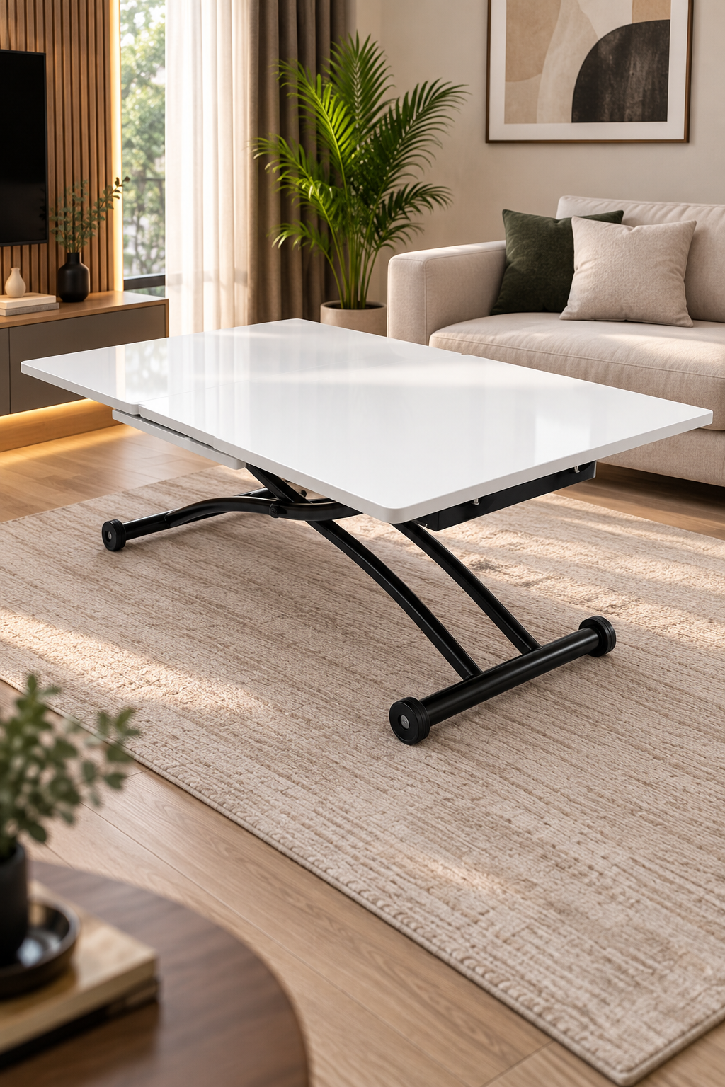 Center Opening Square Smart Table | White Marble MDF & Black