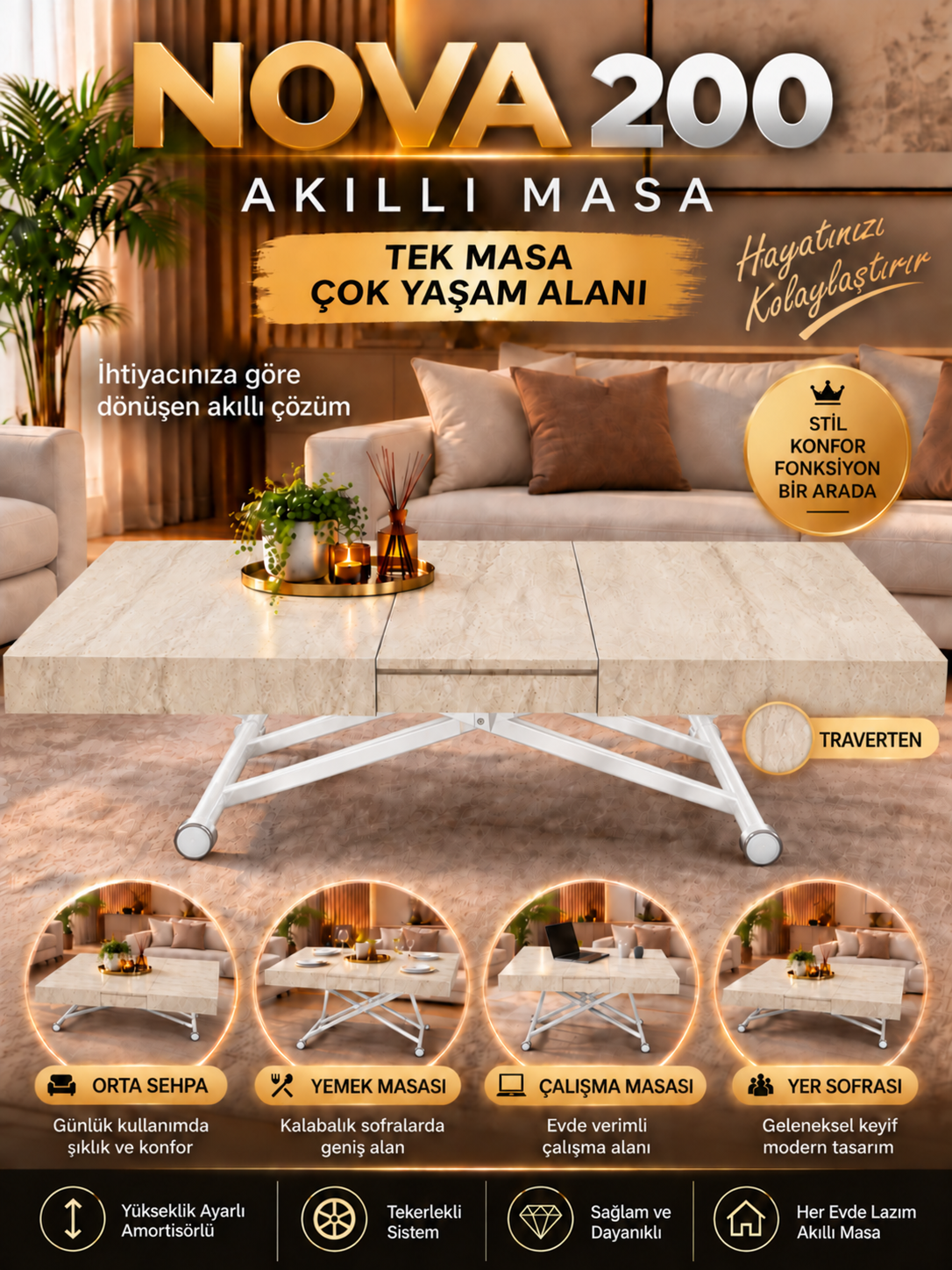 Oval Side-Opening Smart Table | Travertine MDF & Black