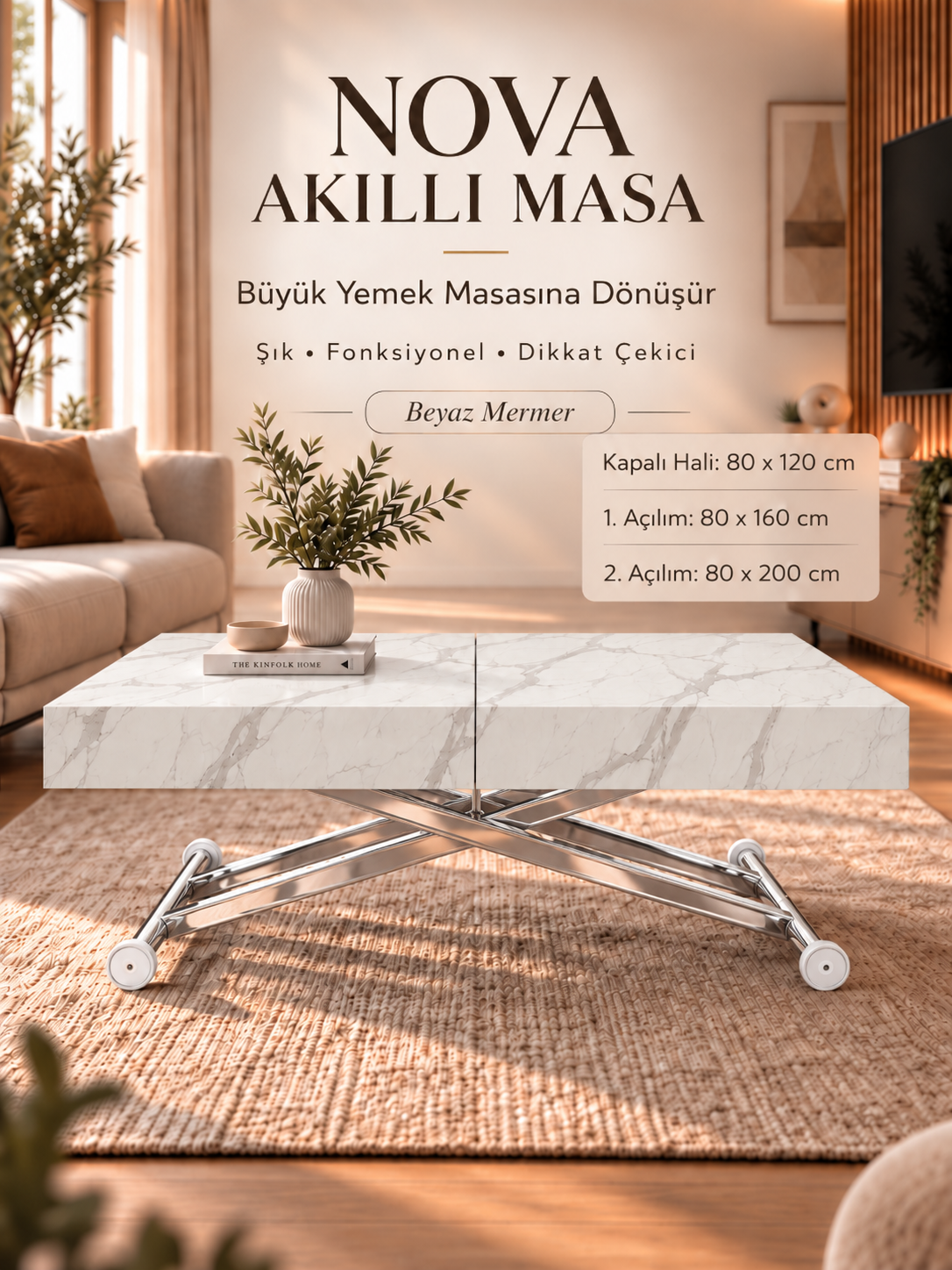 Oval Side-Opening Smart Table | Travertine MDF & Black