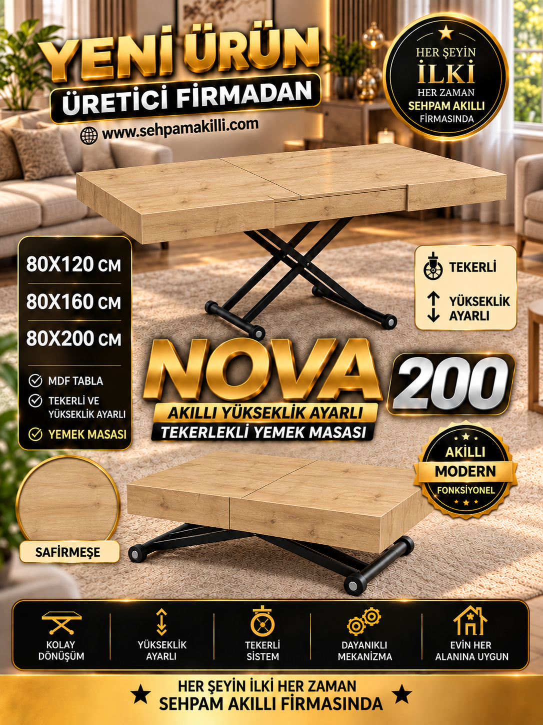Oval Side-Opening Smart Table | Travertine MDF & Black