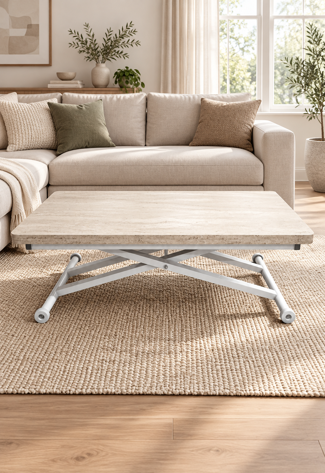 Home Akıllı Sehpa – Traverten MDF Üst & Beyaz Metal Ayak