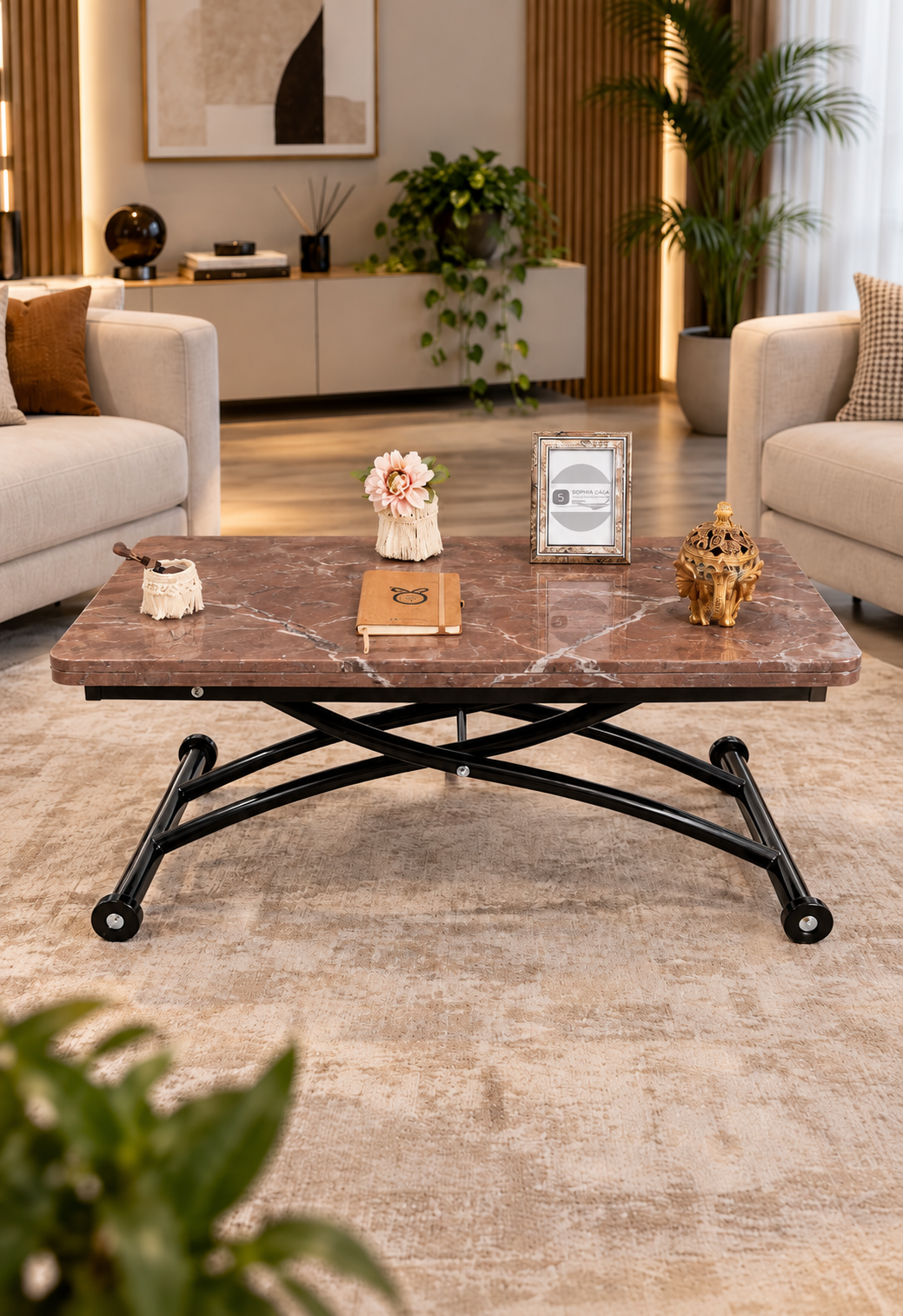 Mini Juppo Akıllı Sehpa – VişneMermer MDF Üst & Siyah Dışa Kıvrım Metal Ayak