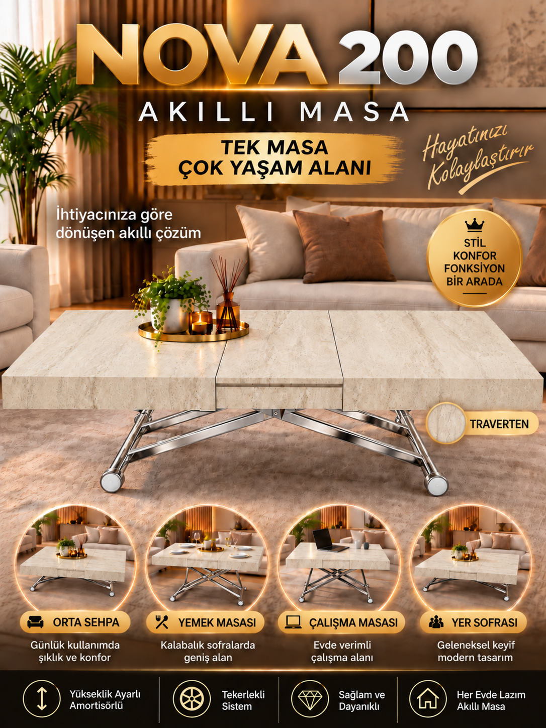 Oval Side-Opening Smart Table | Travertine MDF & Black