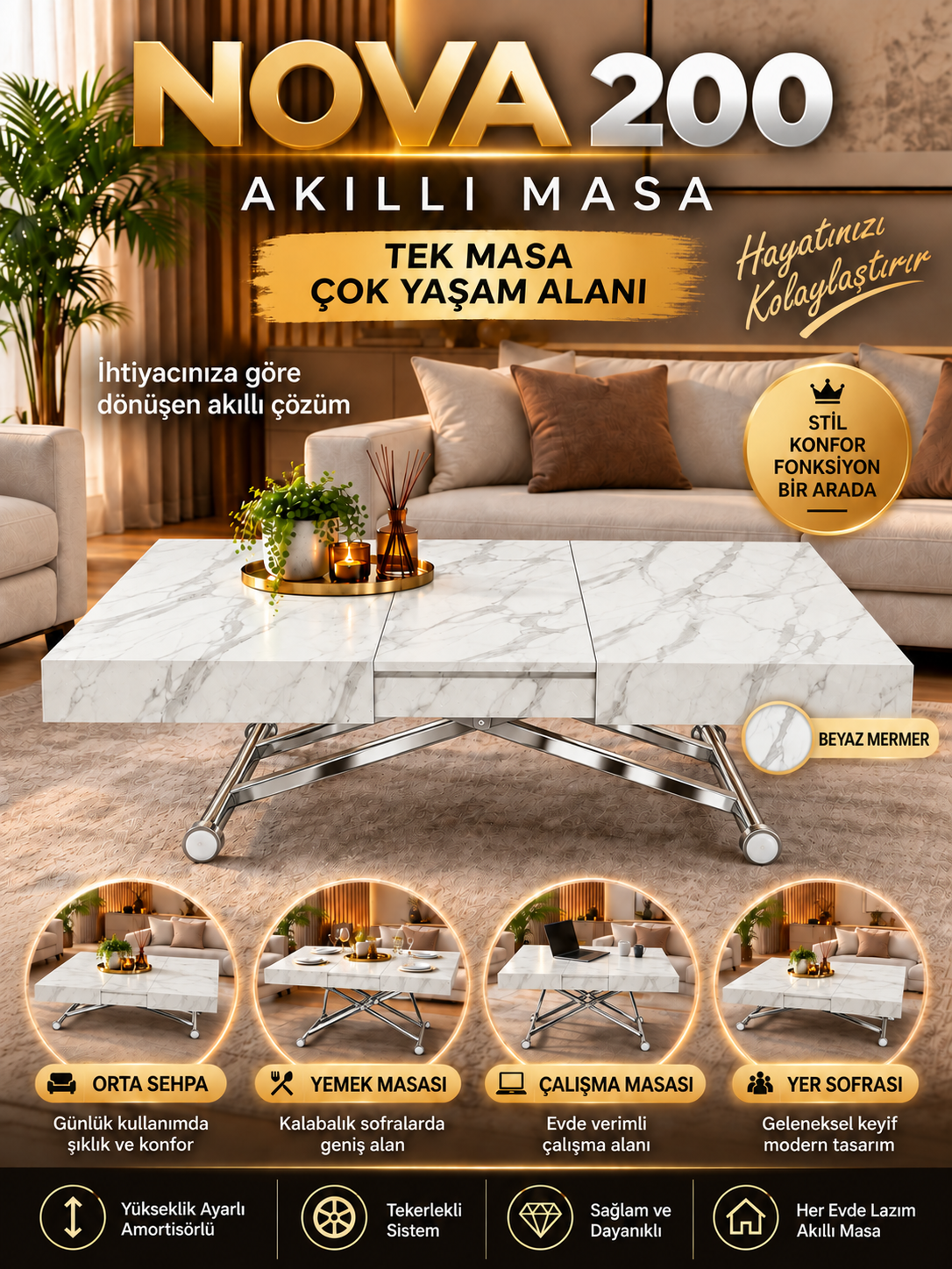 Oval Side-Opening Smart Table | Travertine MDF & Black