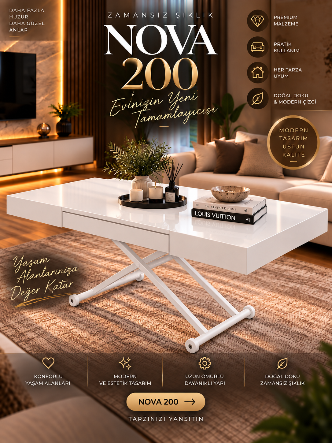 Oval Side-Opening Smart Table | Travertine MDF & Black