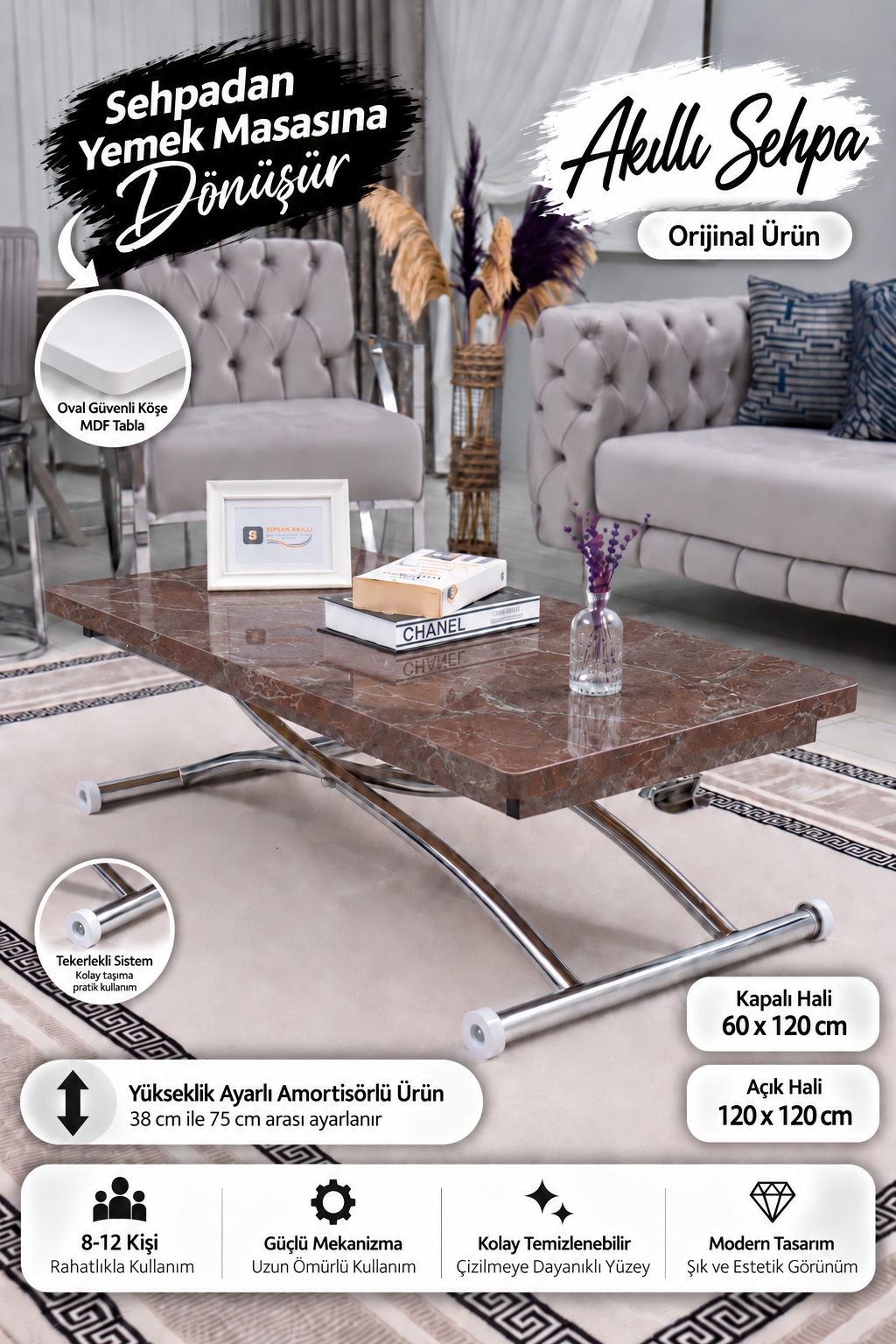 Juppo Akıllı Sehpa –  VişneMermer MDF Üst & Krom Dışa Kıvrım Metal Ayak