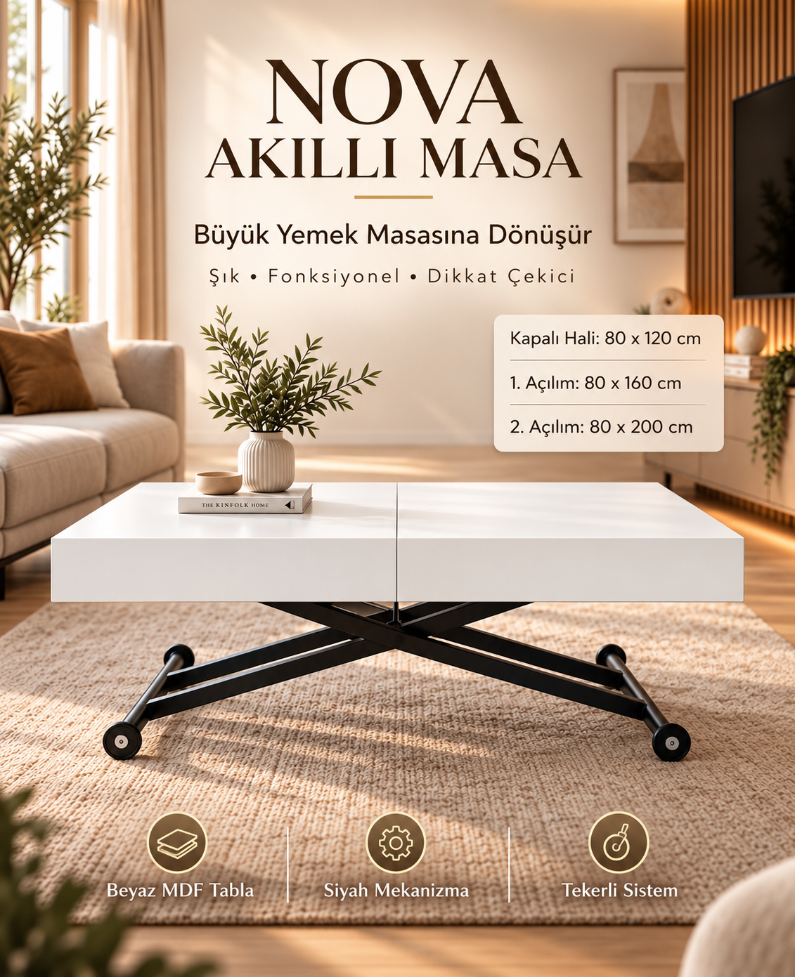 Oval Side-Opening Smart Table | Travertine MDF & Black