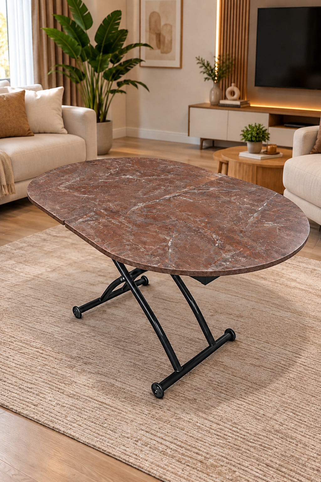 Ortadan Açılır Oval Akıllı Masa | VişneMermer MDF & Siyah