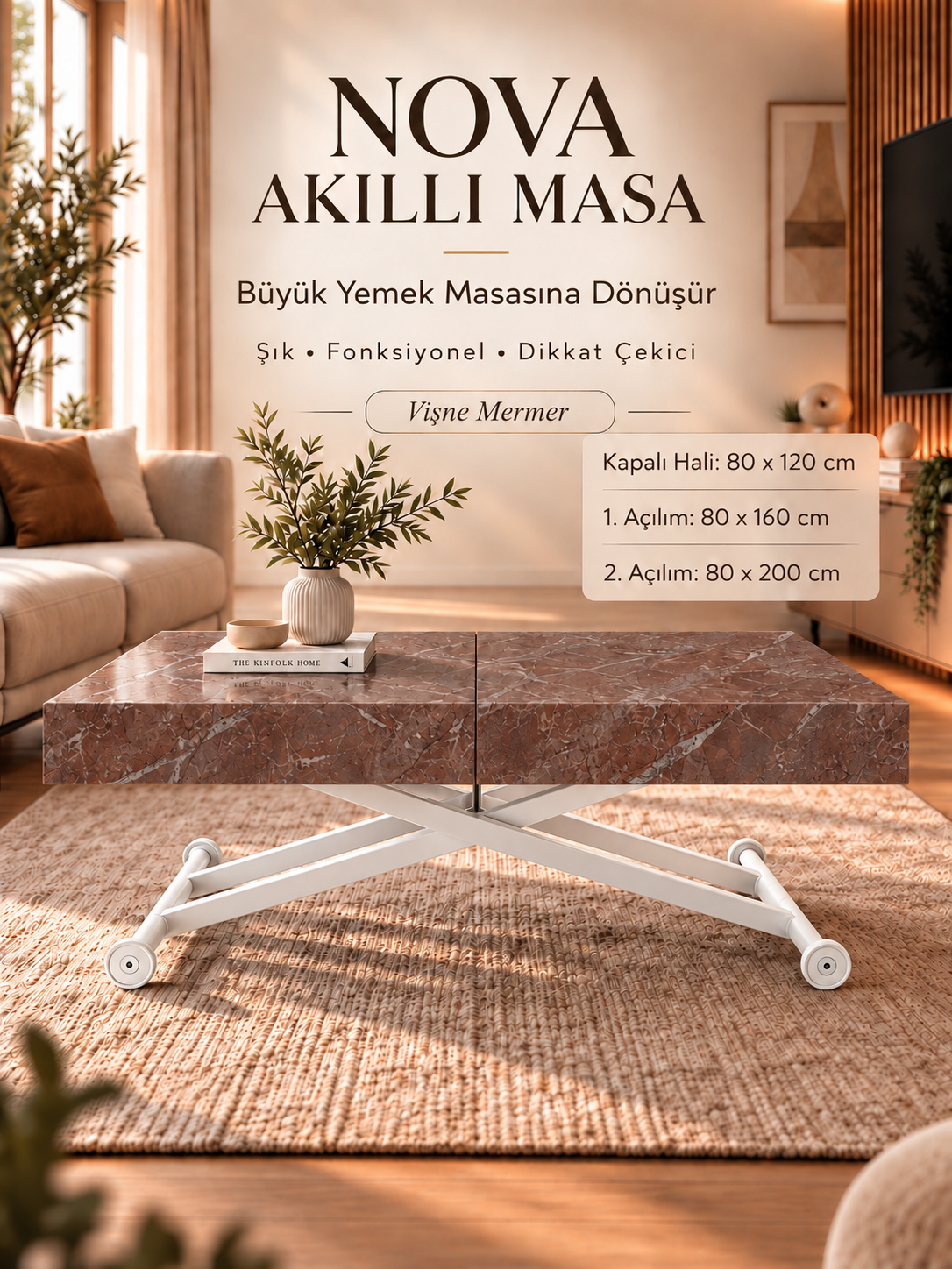 Oval Side-Opening Smart Table | Travertine MDF & Black