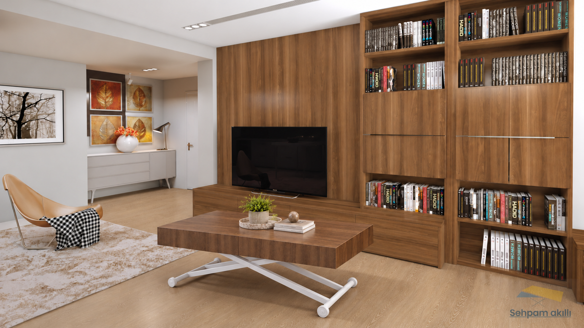 Oval Side-Opening Smart Table | Travertine MDF & Black