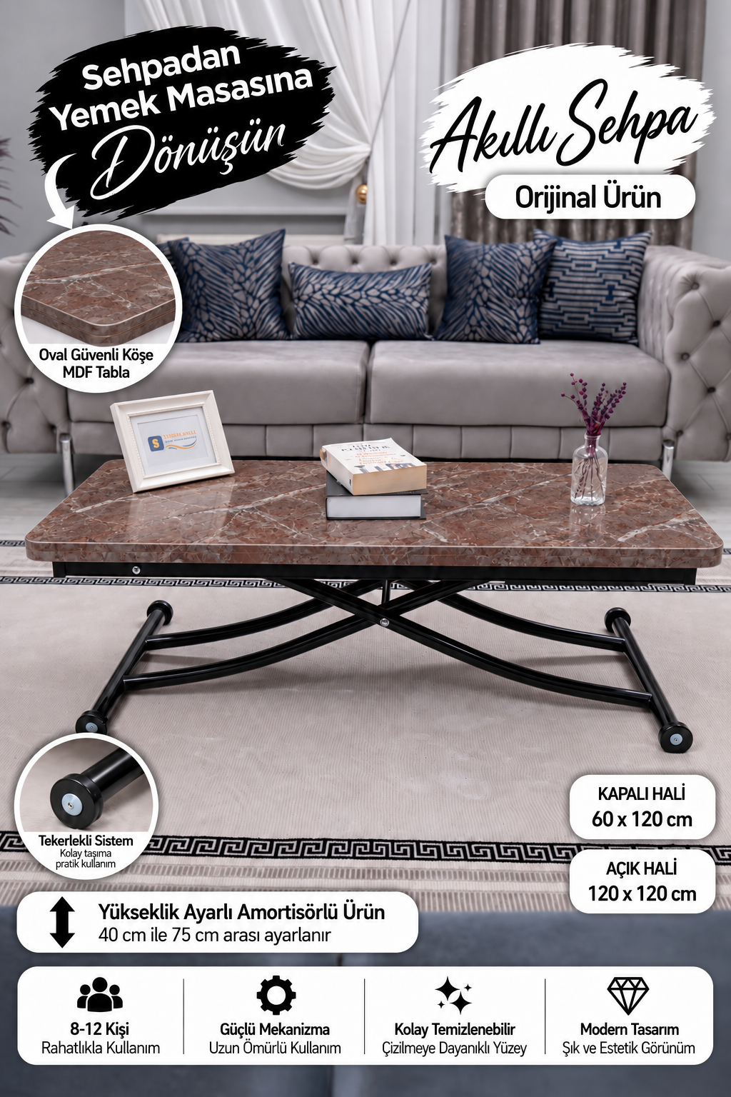 Juppo Akıllı Sehpa – VişneMermer MDF Üst & Siyah İçe Kıvrım Metal Ayak